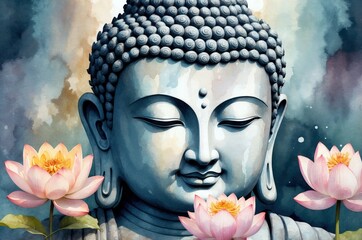 Colorful Buddha statue portrait vintage painting with flower decoration, culture and religion theme concept illustration texture design.
