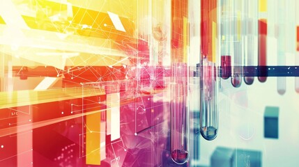 Vibrant graphic of laboratory testing for health sector accreditation, featuring overlapping geometric designs, test tubes, and digital data flows