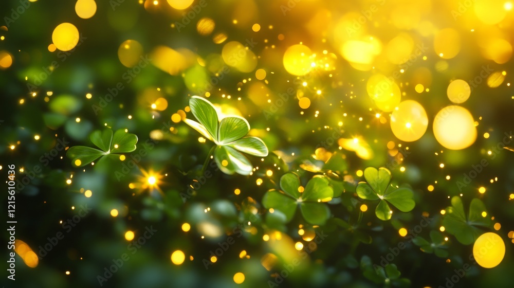 Poster shimmering green clover leaves with golden bokeh lights creating a dreamy and enchanting atmosphere 