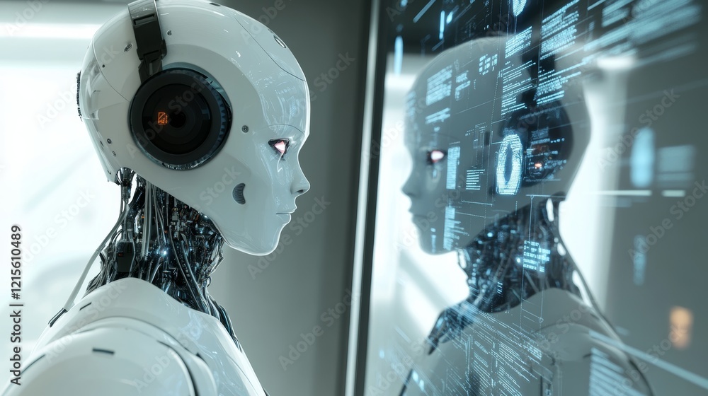 Poster futuristic humanoid robot reviewing digital data on a transparent touchscreen within a high-tech env