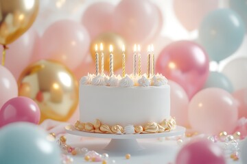 A white birthday cake with gold and silver candles lit on top, surrounded by colorful balloons and a festive party setup. The candlelight gives a warm glow to the birthday celebration.