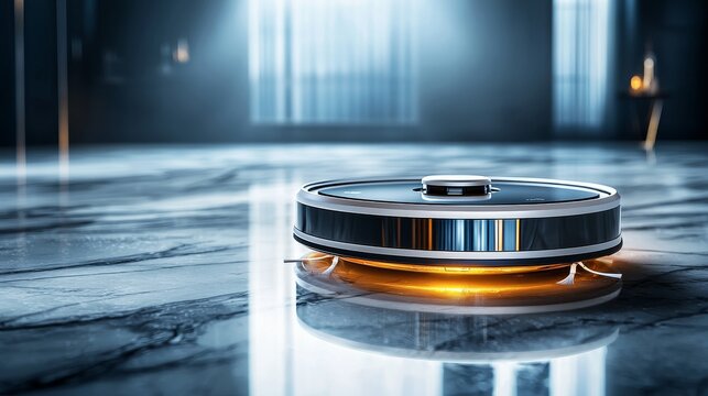 Tech product launch template, robot vacuum on marble floor, soft ambient lighting, ample space for ad text, sleek and cutting-edge appeal