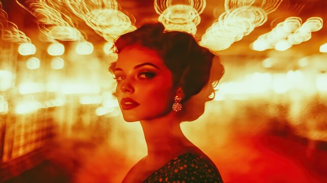 Fiery Retro Glamour: A Woman in a Haze of Golden Lights