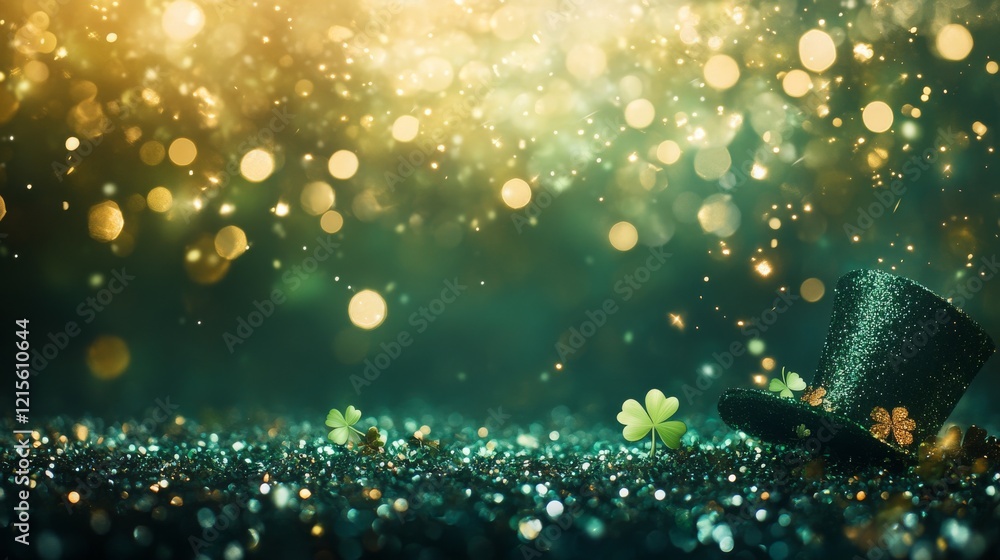 Poster shimmering green background with st. patrick's day theme featuring a black glitter top hat and spark