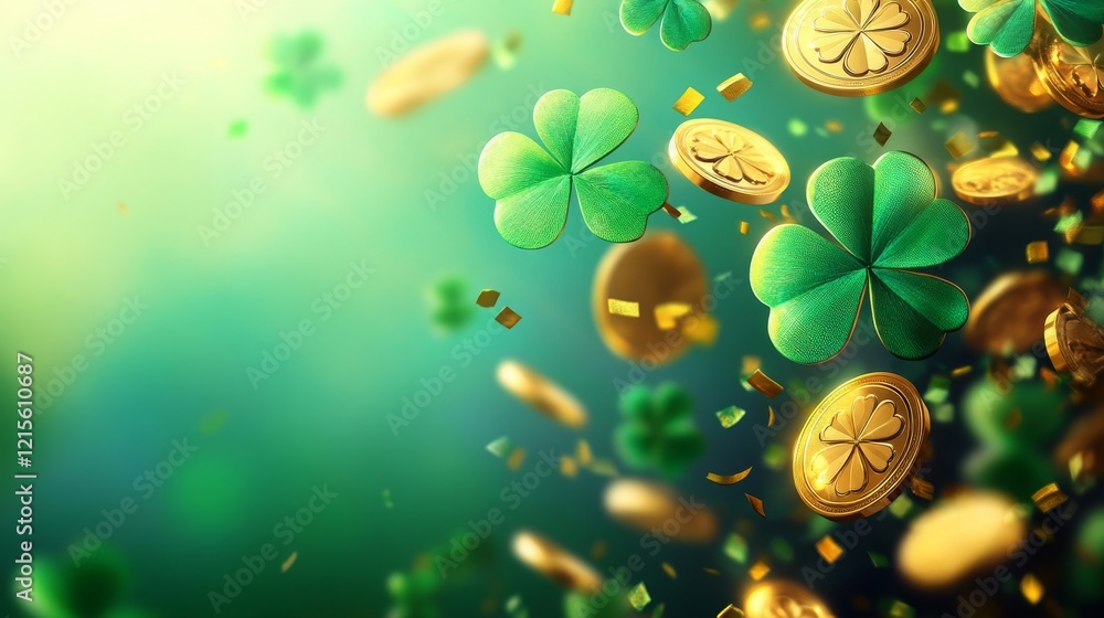 Poster vibrant representation of lucky green shamrocks and glimmering gold coins with bokeh background to c