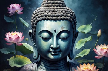 Colorful Buddha statue portrait vintage painting with flower decoration, culture and religion theme concept illustration texture design.
