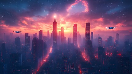Fototapeta premium Futuristic city sunrise, drones flying, red sky, promotional use