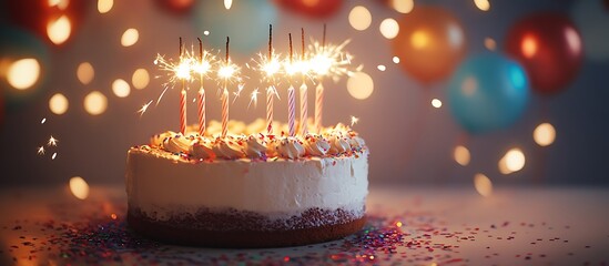 A white birthday cake with sparkler candles glowing brightly, surrounded by confetti and party decorations. The flickering sparklers add excitement to the celebration.