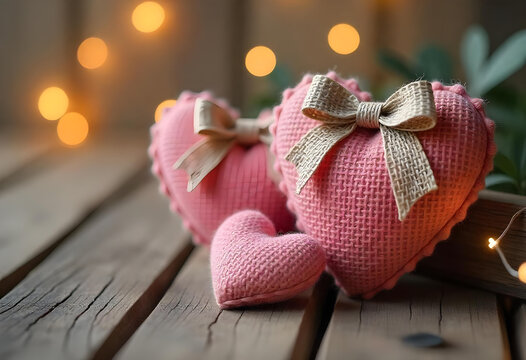 A rustic Valentine's theme showcasing burlap hearts and rough-hewn bows, red heart shapes on wooden background