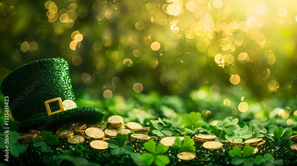 Aufkleber green leprechaun hat with gold coins and shamrocks on a soft green background with soft bokeh effect