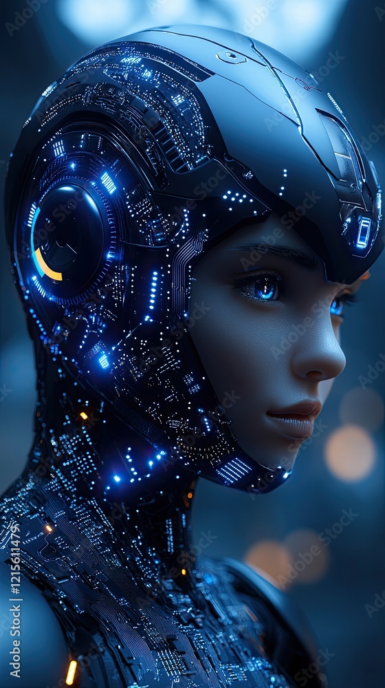 Aufkleber futuristic humanoid robot with intricate circuitry and glowing lights in a high-tech environment