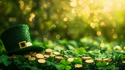 Naklejka premium Green Leprechaun Hat with Gold Coins and Shamrocks on a Soft Green Background with Soft Bokeh Effects Celebrating the Spirit of Saint Patrick's Day Festivities and Rich Cultural Heritage