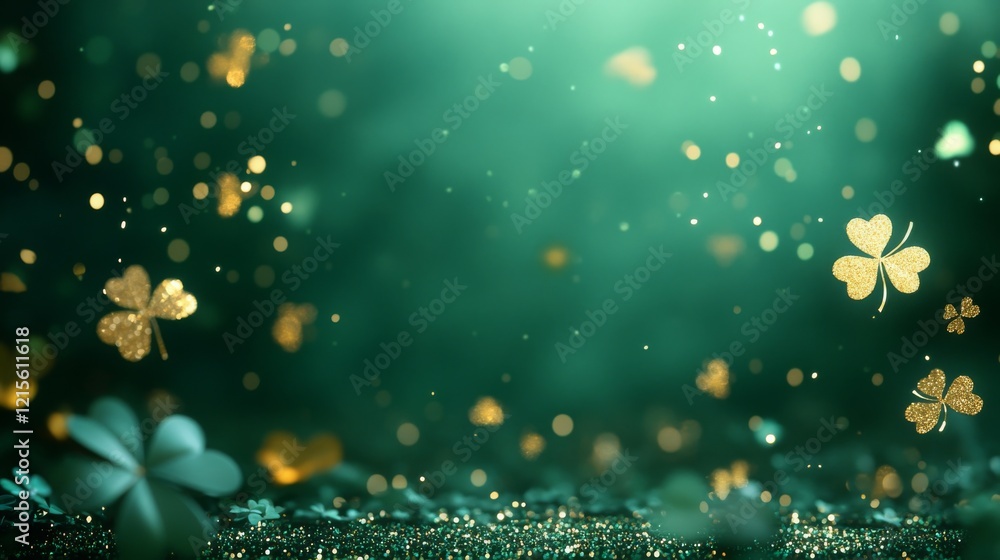 Aufkleber enchanting green background with floating golden clovers and shimmering particles creating a festive