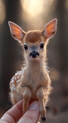 Obraz premium Sweet baby deer held gently in a person's hand during a serene forest afternoon