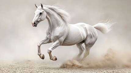 Majestic white horse galloping through the dust in an open field under a cloudy sky