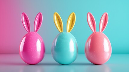 Obraz premium Playful Easter eggs in neon colors with bunny ears, set against a bold, contrasting background in pop art style