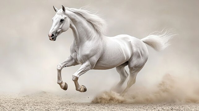 Majestic white horse galloping through the dust in an open field under a cloudy sky