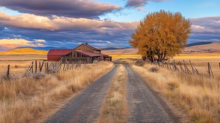 Fototapeta premium Rustic Farm Building Autumn Landscape Road Scene