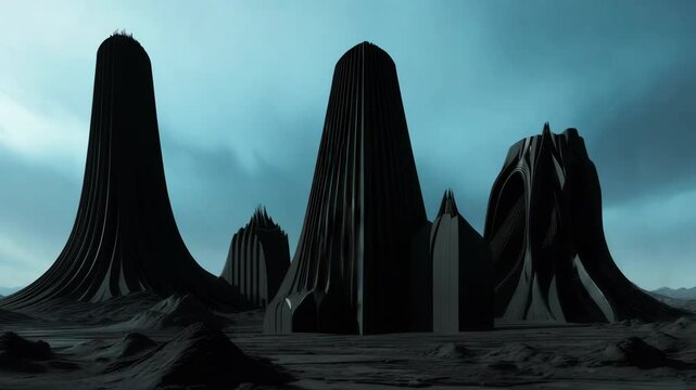 Futuristic dark sci-fi cityscape with towering monolithic structures
