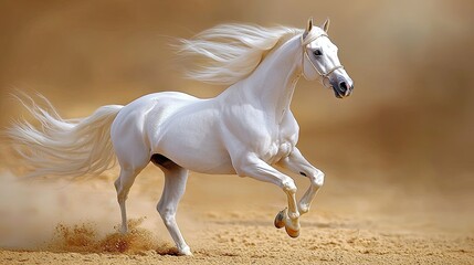 Obraz premium Majestic white horse galloping across sandy terrain under golden sunlight