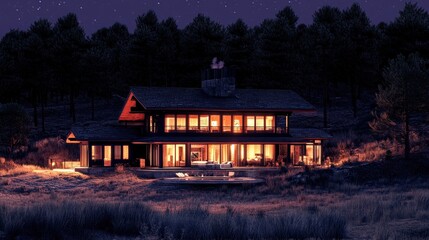 Obraz premium Illuminated Modern Home nestled in a Dark Forest at Night