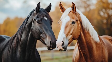 Fototapeta premium Horses nuzzle each other in a serene pasture during golden hour in autumn