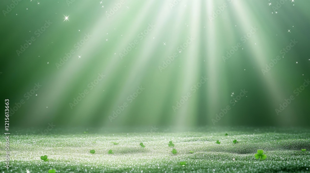 Poster ethereal green background with soft light beams and sparkling particles creating a dreamy nature atm