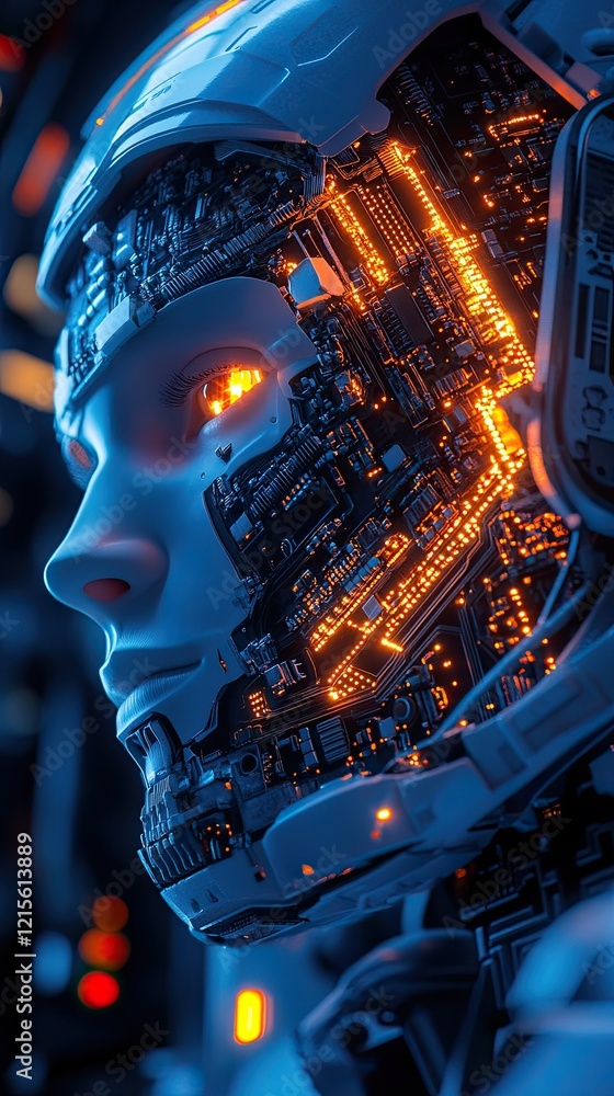 Poster robot head illuminated with intricate circuitry and glowing orange lights in a futuristic setting