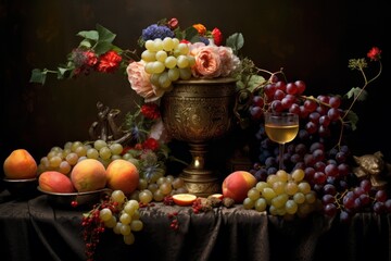 Renaissance still life with golden chalice, flowers, and fruits