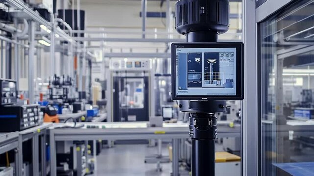 Modern industrial automation software displayed on a monitor is actively monitoring and controlling a production line, enhancing efficiency and optimizing processes within a factory setting