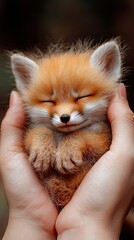 Obraz premium Cute baby fox being held in gentle hands showcases warmth and tenderness in nature