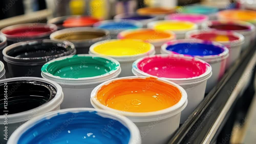 Poster white open buckets filled with vibrant plastisol inks line a conveyor belt, awaiting use in a bustli