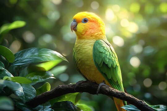 modern decorative art of a carolina parakeet resting on a tree branch, surrounded by lush foliage, blending futuristic symmetry, bold organic patterns, and an artful vibrant perspective