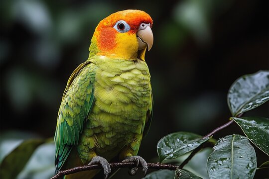 artistic abstract design of a carolina parakeet with striking yellow plumage, perched among lush greenery, showcasing bold shapes, fluid lines, and a harmonious gradient in a creative visual layout
