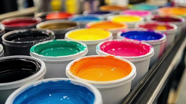 White open buckets filled with vibrant plastisol inks line a conveyor belt, awaiting use in a bustling screen printing workshop, showcasing the colorful side of the printing process