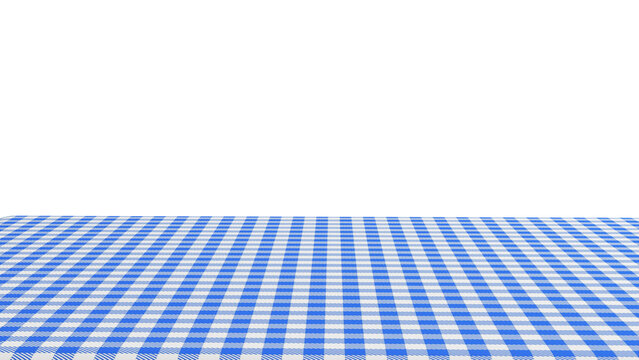 Empty table with blue checkered tablecloth and white background. Table with blue checkered cloth isolated on white.