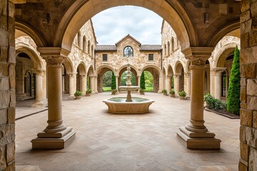 Fototapeta premium Renaissance stone courtyard with fountain and ornate archways