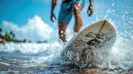 Surfer riding a wave at a tropical beach during a sunny day with clear skies and ocean spray