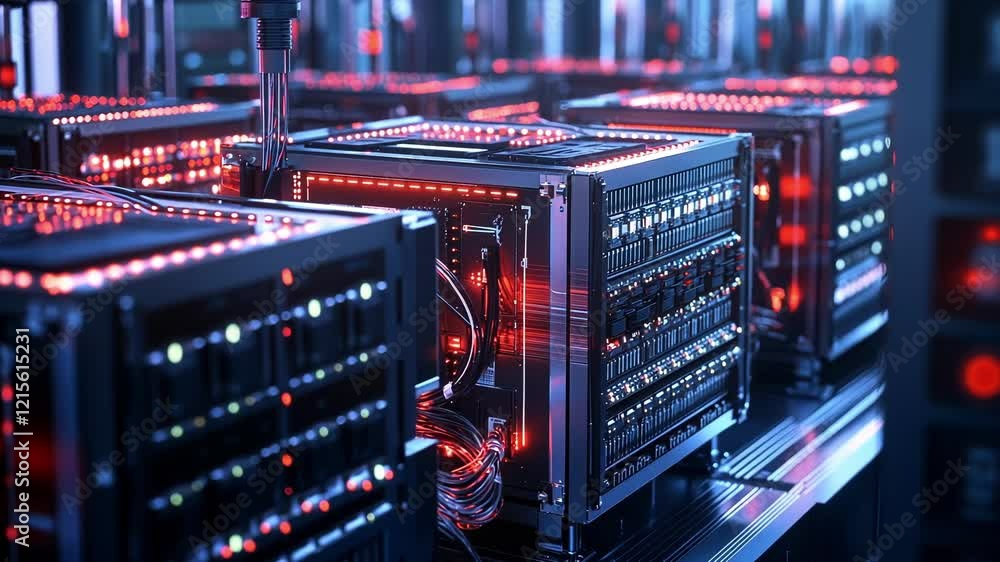 Poster quantum computing server performing complex calculations with red lights indicating activity, highli