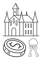 Obraz premium Castle with towers, large coin with dollar sign, and two vintage keys. Ideal for wealth, investment, real estate, security, ownership medieval themes architectural themes. Line metaphor
