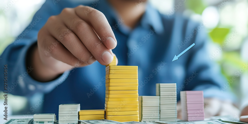Poster person constructing bar graph from blocks on us currency