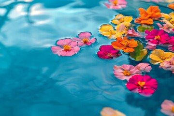 Brightly colored flowers with rich pink, orange, and yellow petals floating on a clear blue pool, their reflection mirrored perfectly on the waters surface, creating a peaceful, dreamlike atmosphere.