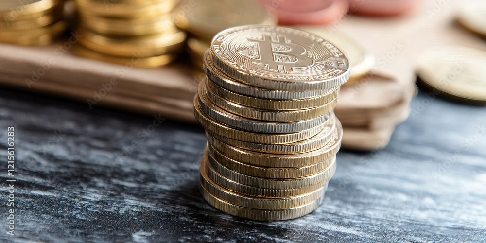 Poster stack of bitcoin coins with background coins