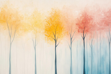 Obraz premium Minimalist autumn trees with glowing pastel colors, evoking a peaceful and dreamy atmosphere.