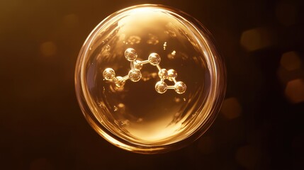 Hyper-realistic rendering of a golden C-max bubble with four floating molecules inside, viewed from above on a dark brown background