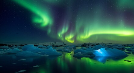 Fototapeta premium A serene arctic landscape with glowing icebergs and a shimmering aurora in the sky