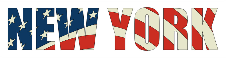 Vector isolated drawing for 
t-shirt with inscription 
of name of New York city on background 
of national united states flag. Pattern for fabric, 
paper, clothing. USA font. Mockup america t shirt.
