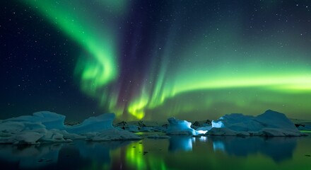 Naklejka premium A serene arctic landscape with glowing icebergs and a shimmering aurora in the sky