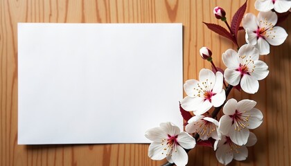 White blossoms and a blank card on a wood background. Perfect for invitations, announcements, or springtime greetings.