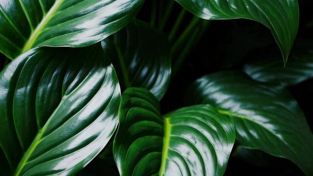 leaves of Spathiphyllum cannifolium in the garden, abstract green texture, nature dark tone background, tropical leaf